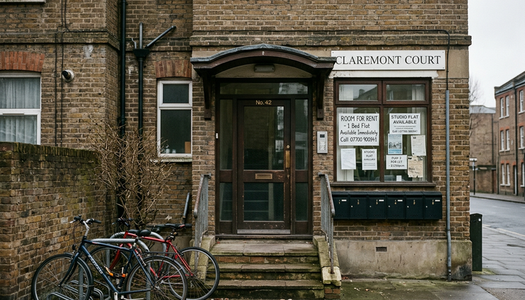 Eye-level view of a city apartment window with rental notices and bicycles outside
