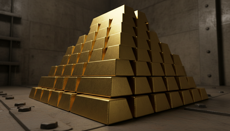 Low-angle view of stacked gold bars inside a dim vault