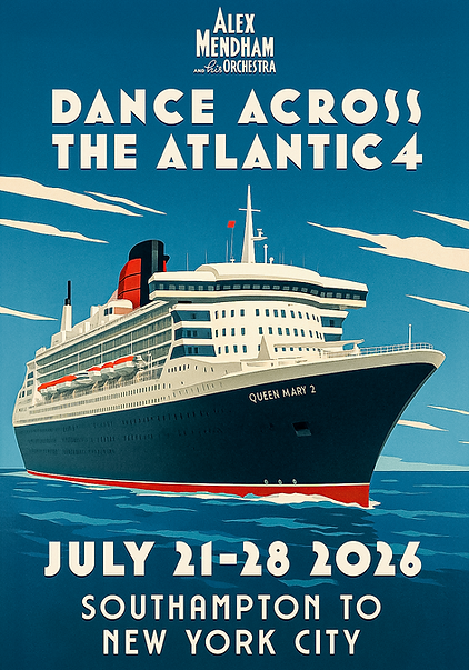 A poster for the 2026 Dance Across The Atlantic event taking place on the Queen Mary 2, July 21-28 2026
