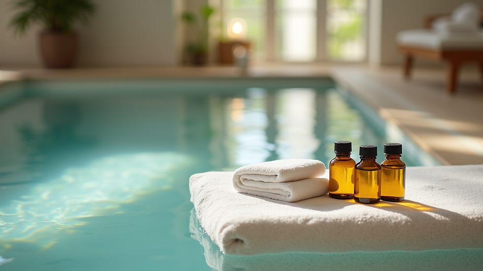 Vue en plongée d’une table de massage avec des huiles essentielles et serviettes