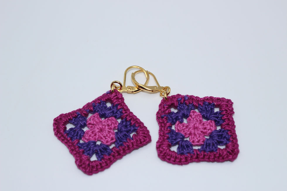 Miniature : Boucles d'oreilles GRANNY au crochet, rose violet, Rouminette à bicyclette