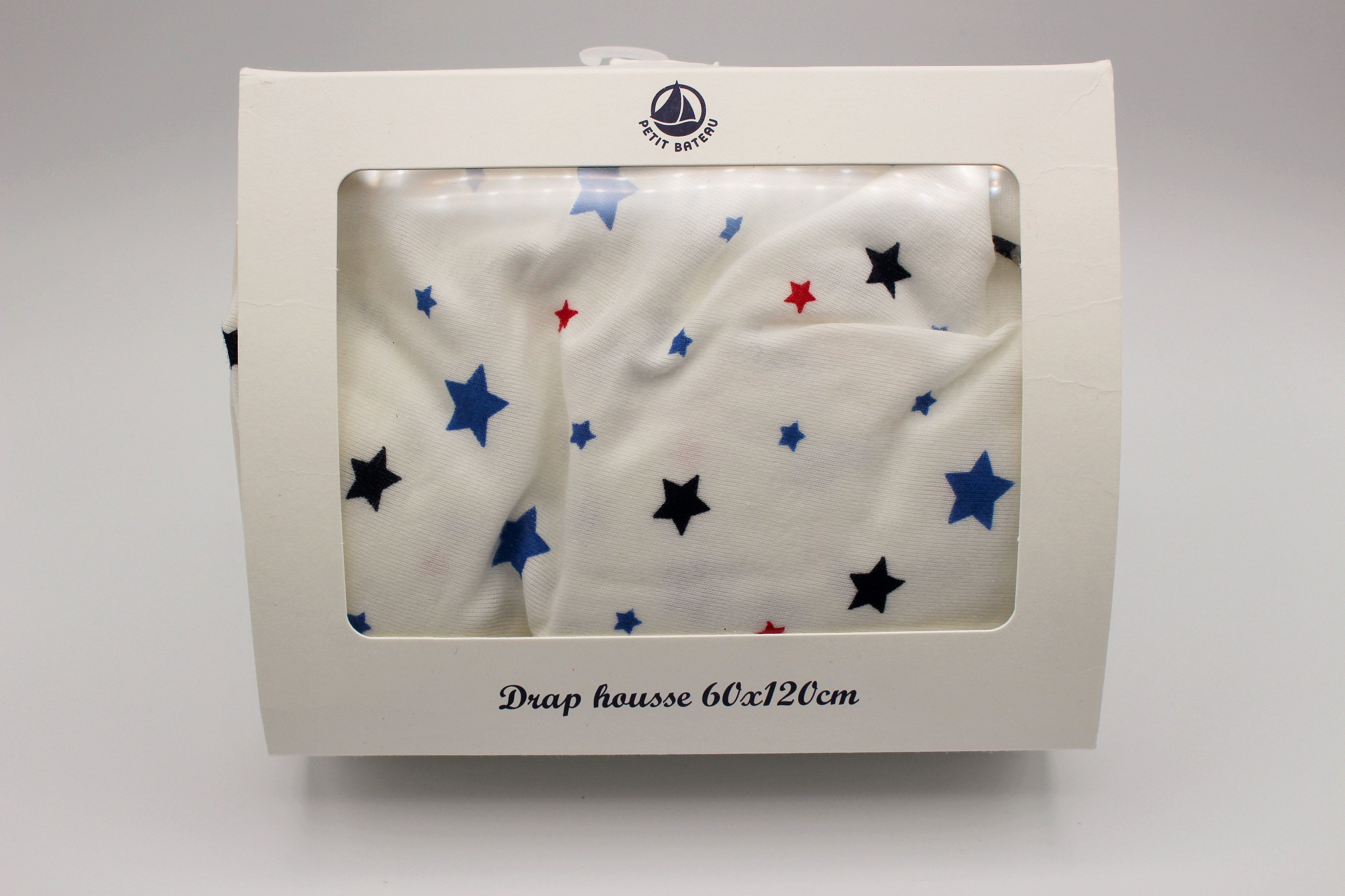 Drap housse étoiles bleues pour lit de bébé, blanc, Petit Bateau