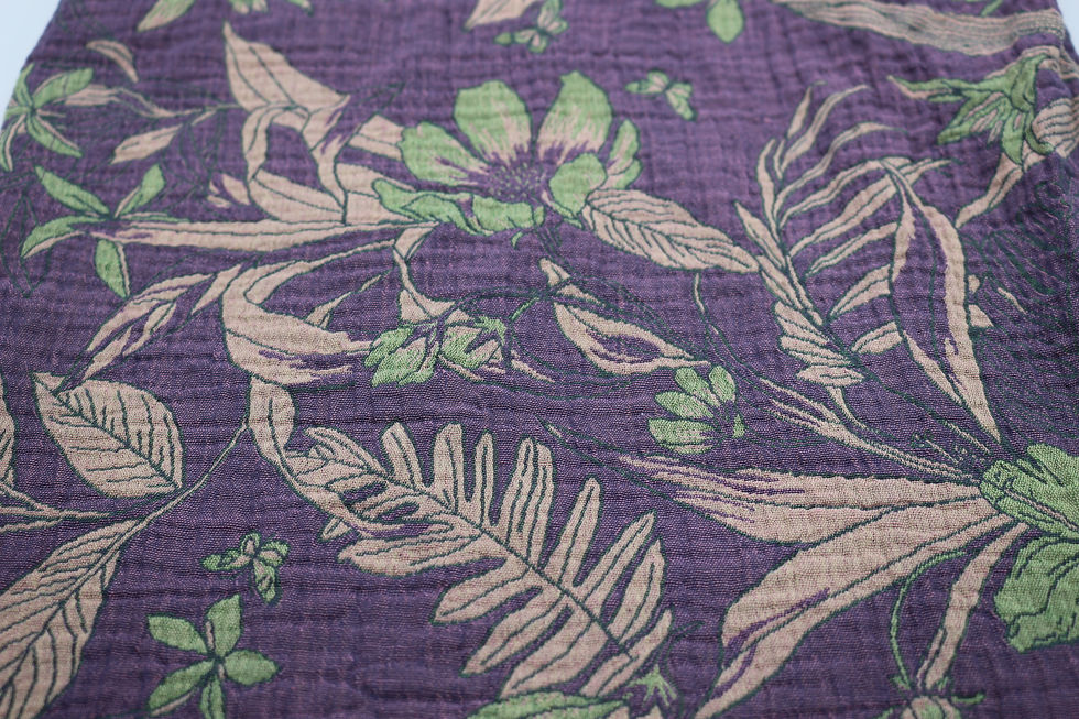 Miniature : Détail écharpe "Hibiscus" en gaze de coton, violet, Rouminette à bicyclette