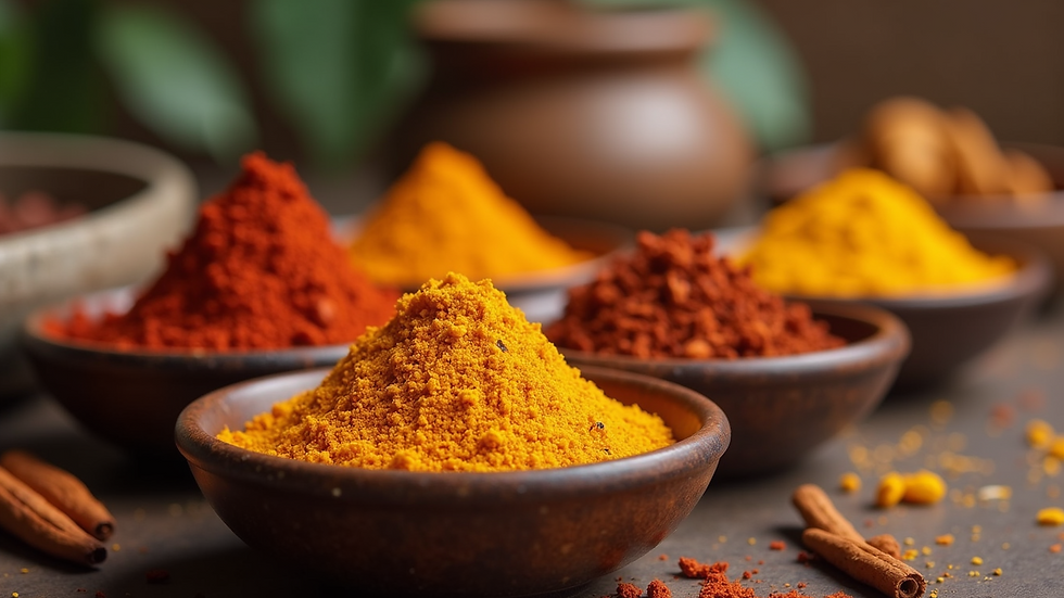 Close-up view of colourful Indian spices in small bowls