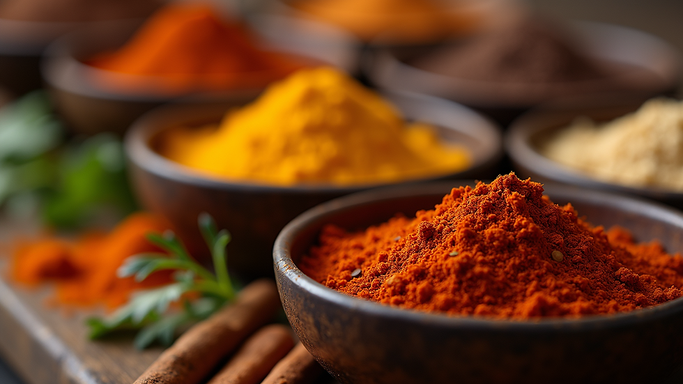 Close-up view of Indian spices in small bowls