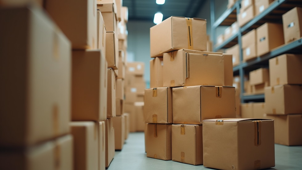 Eye-level view of packed Indian grocery delivery boxes stacked for shipment
