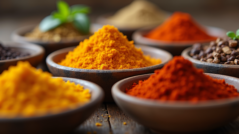 Close-up view of assorted South Indian spices in bowls