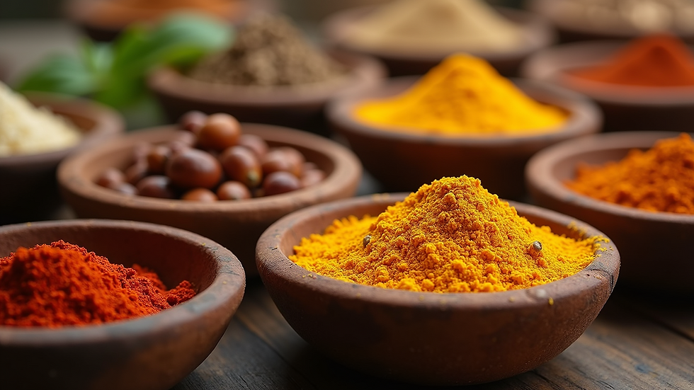 Close-up view of assorted Indian spices in bowls