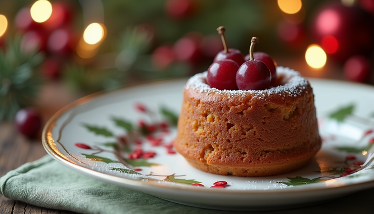 Eye-level view of a small Christmas plum cake on a festive plate with holiday decorations