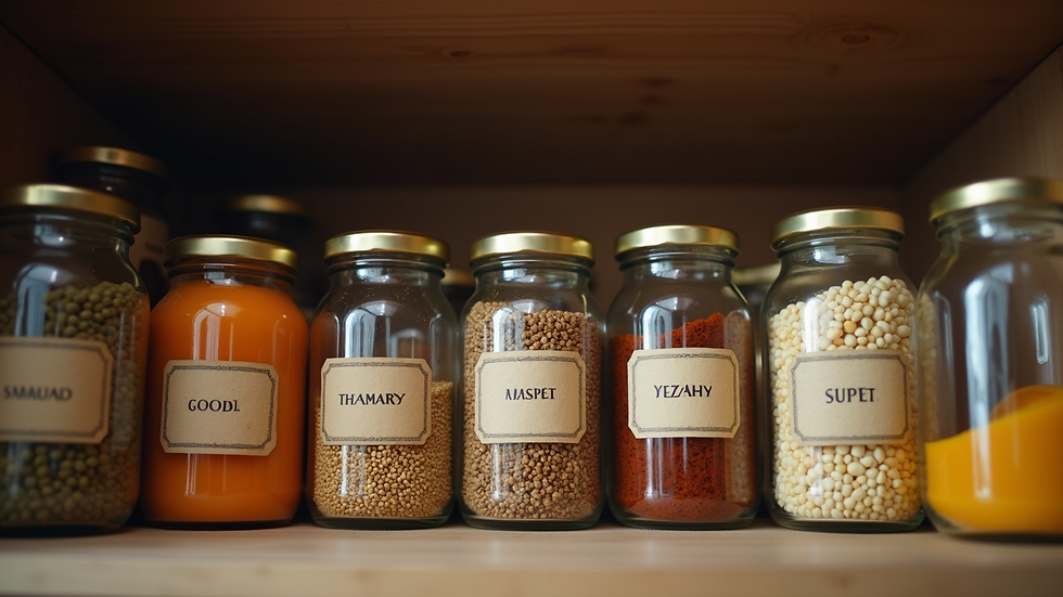 Eye-level view of a well-organised Indian pantry with labelled jars