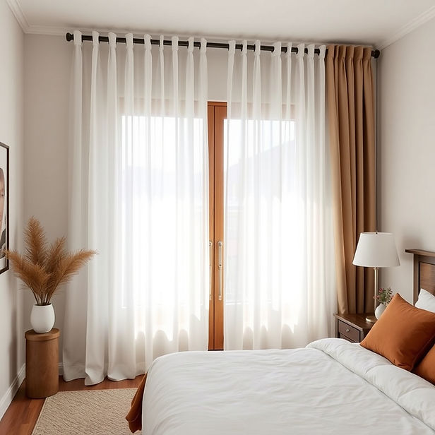 a bedroom with sheer white curtains. use earthy tones including beige, brown, terracotta a