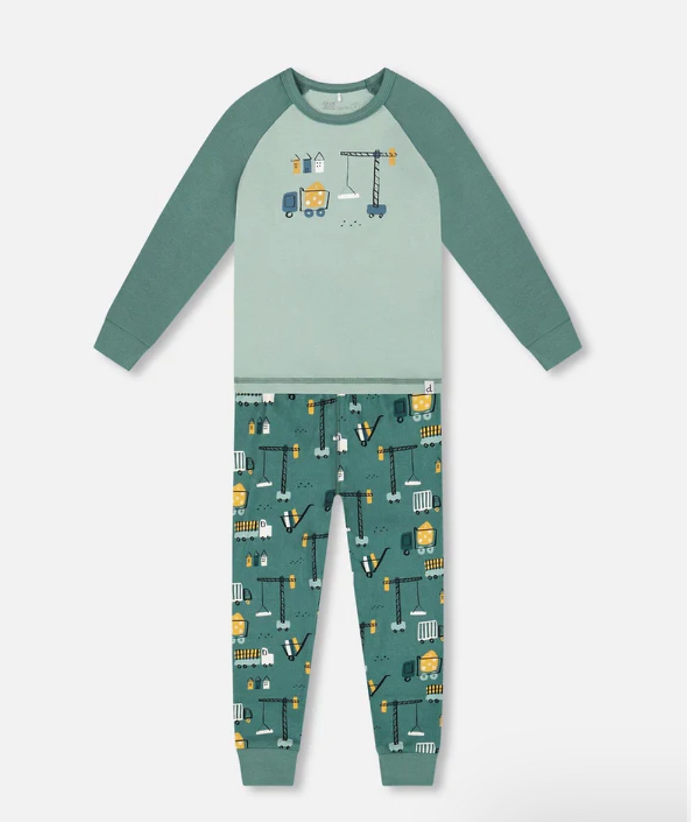 Two-Piece Organic Cotton Pajama Set Teal Construction Print