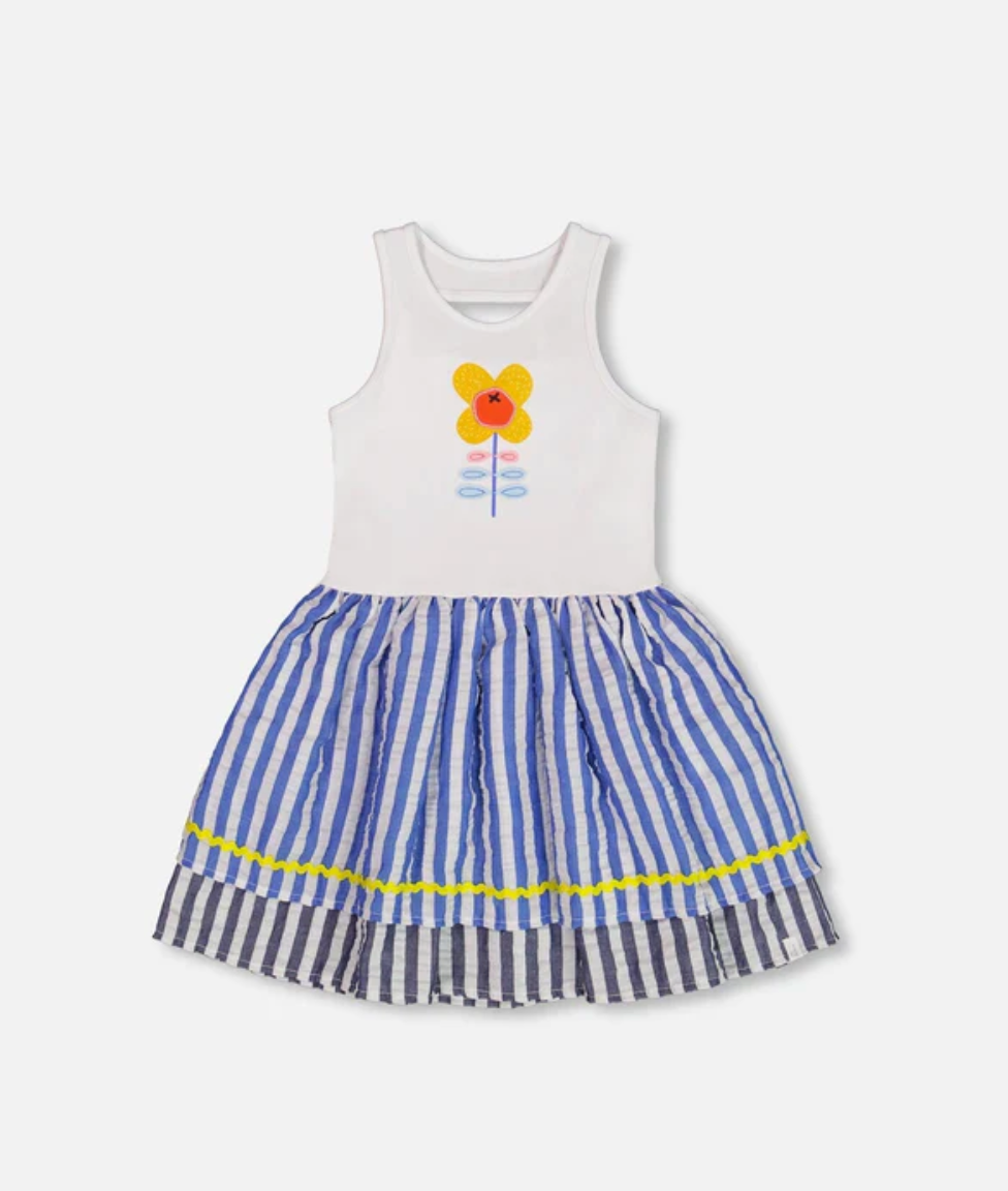 Bi-Material Cotton And Seersucker Dress White And Royal Blue