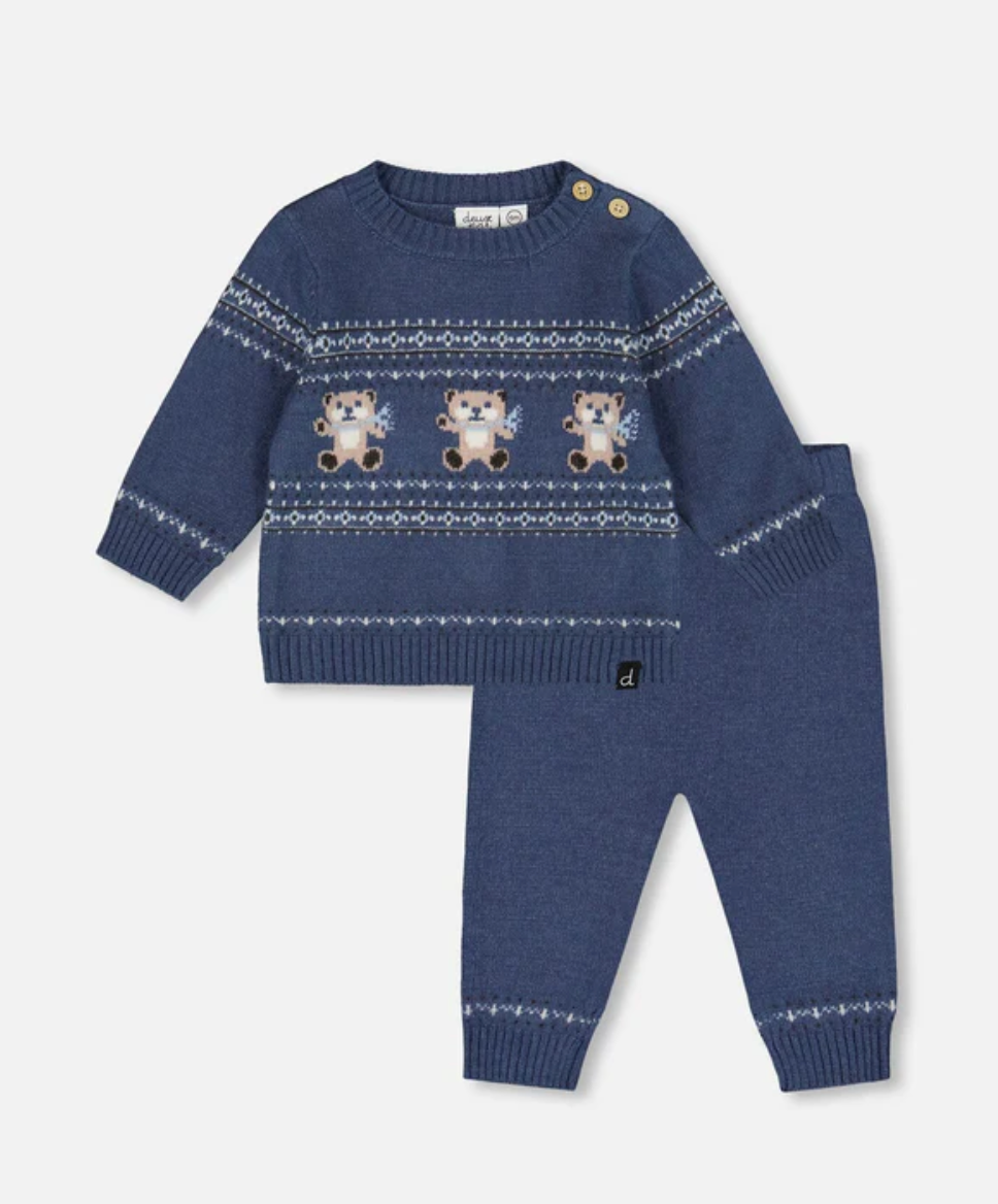 Knitted Jacquard Sweater And Pant Set Blue Gray With Bears