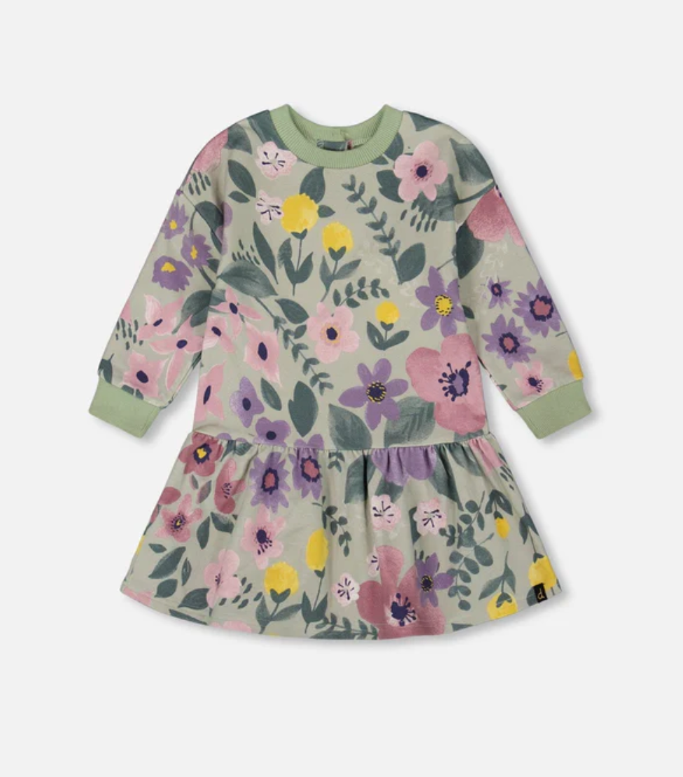 Stretch Fleece Dress Sage Floral