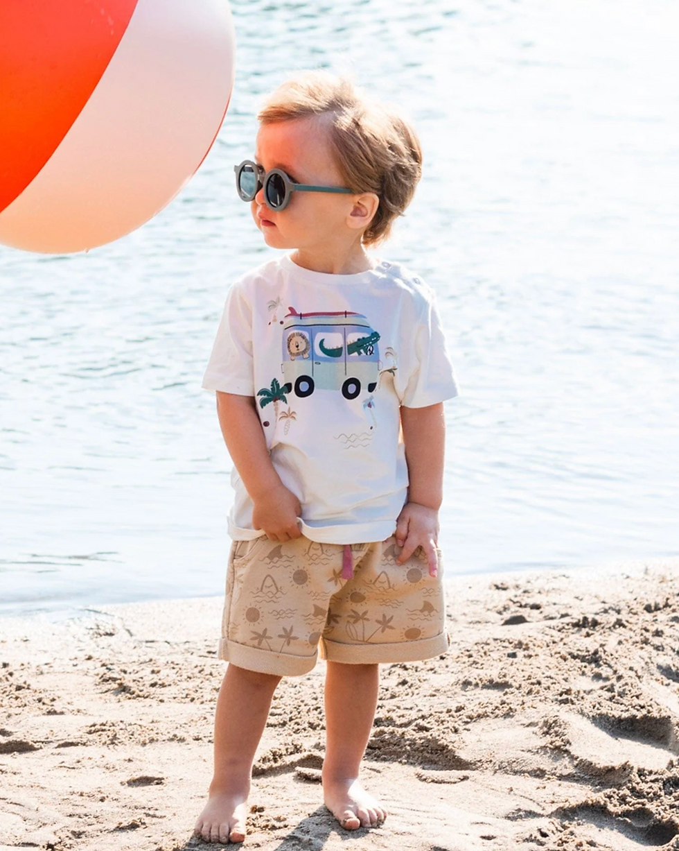 Thumbnail: Short Sleeve Top And French Terry Short Set Beige With Palm Trees And Blue Truck