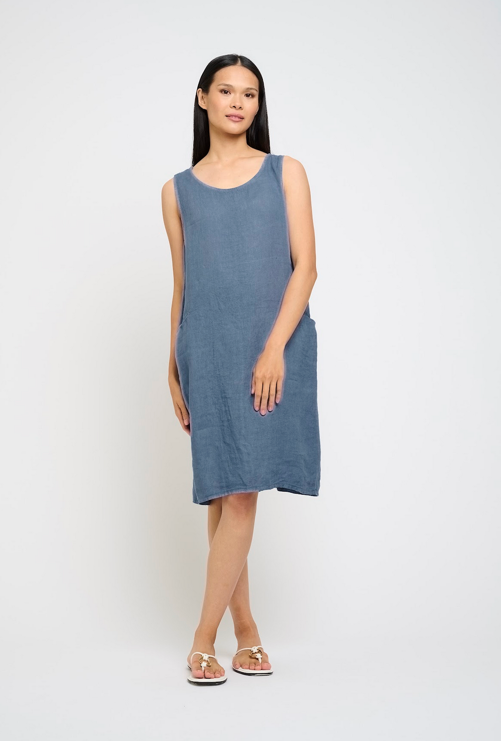 Sleeveless Linen Dress W/Slit Pockets - Blue