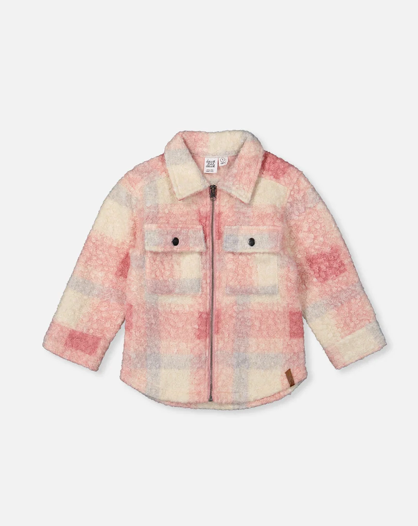 Zipped Plaid Overshirt With Chest Pockets Beige And Pink Plaid -