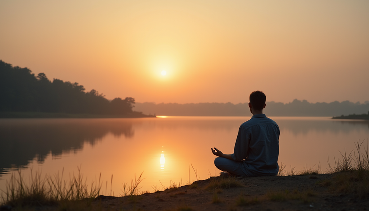 Eye-level view of a person sitting quietly by a calm lake at sunrise