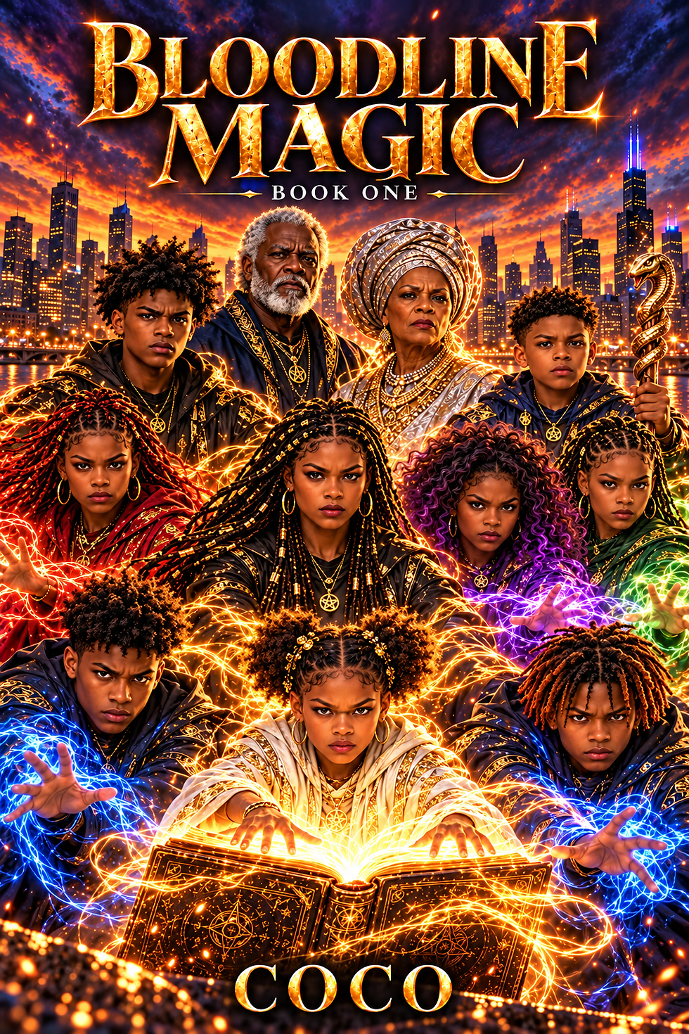 Bloodline Magic Book One by Coco — nine distinct Black cousins and both grandparents, facing forward and ready for battle in Chicago