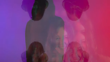 Purple and pink lighting over faded images of the same woman laughing