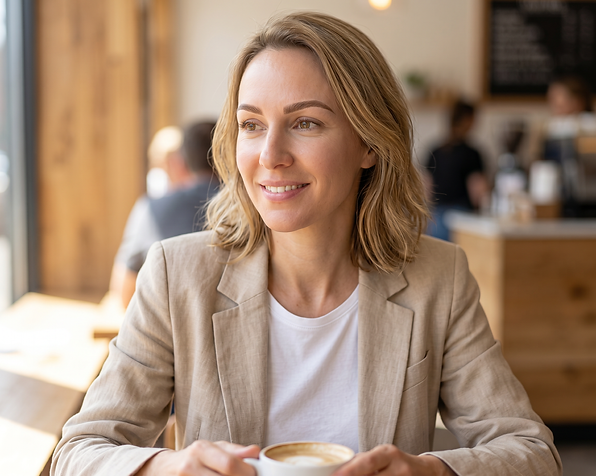 Firefly_Gemini Flash_Frau mit rosa Bluse in Szene setzen beim Kaffeetrinken in einem Kaffe