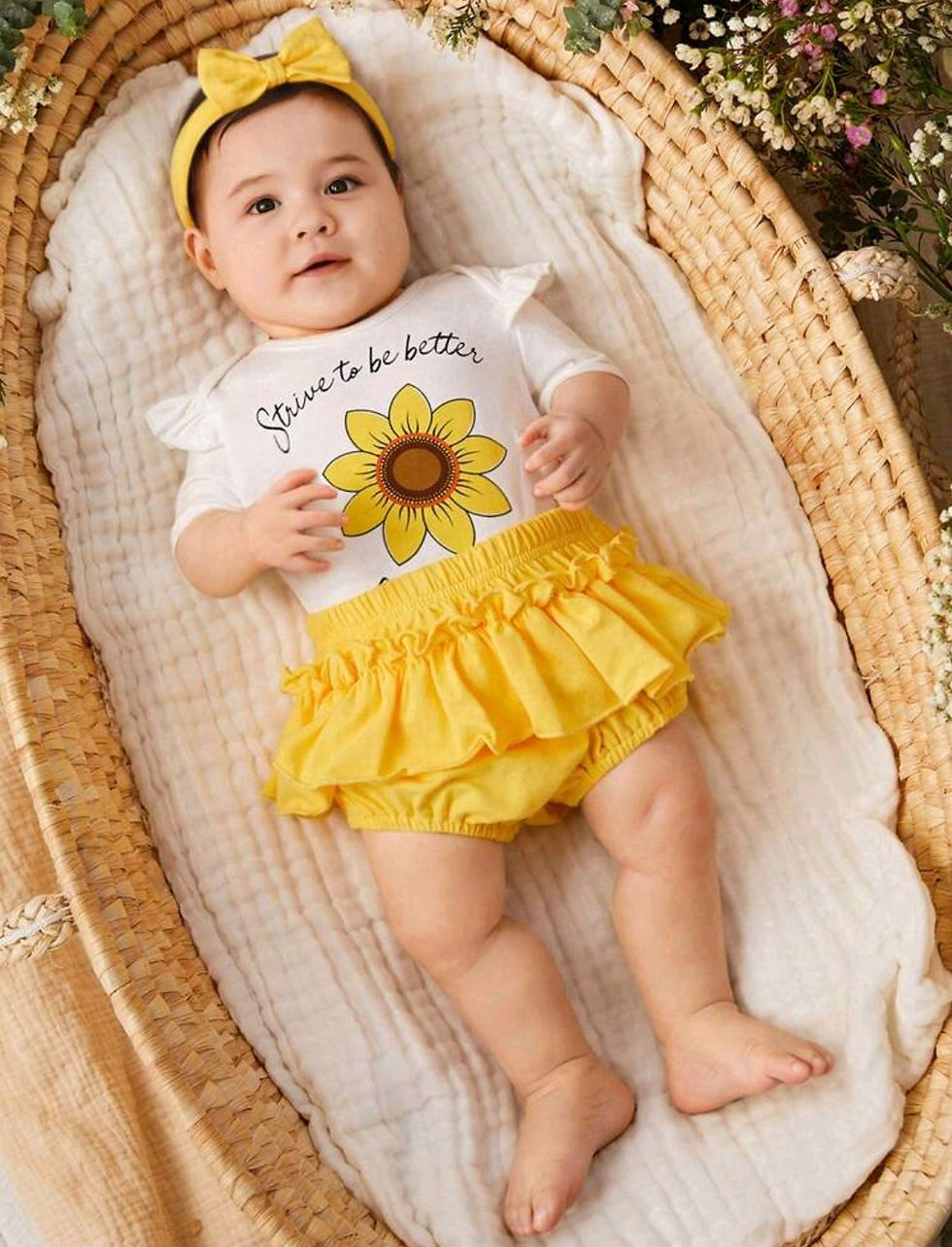 Thumbnail: Baby Girls' Sunflower Pattern Short Sleeve Tee With Layered Shoulders, Bloomers