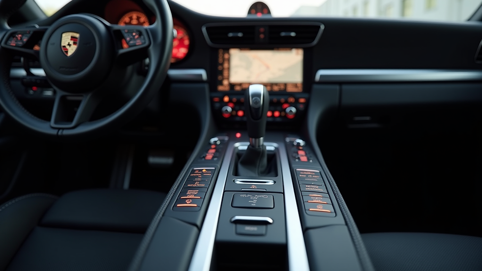 Eye-level view of Porsche center console with illuminated controls