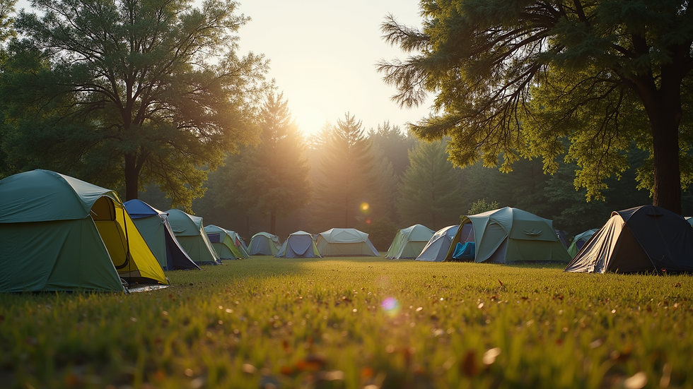 Eye-level view of a spacious camping ground with tents and trees
