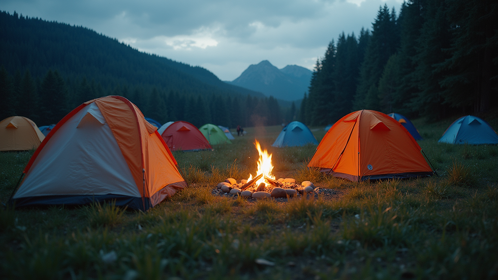 Eye-level view of a well-organized camping site with tents and campfire area