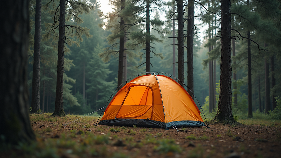 Eye-level view of a spacious camping tent set up in a forest clearing