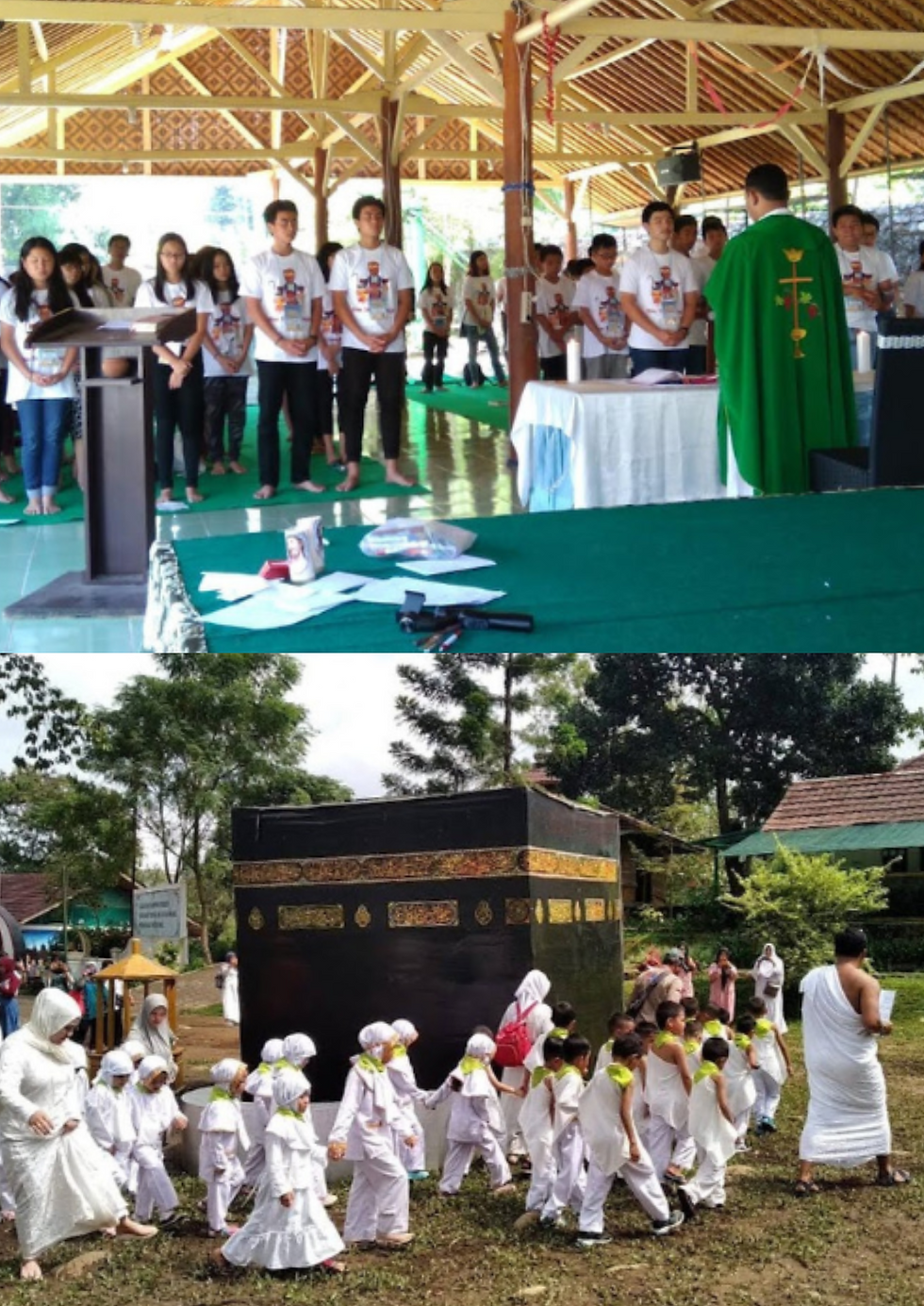 Top: Group in church attire facing a priest in green robes inside a wooden pavilion. Bottom: Children in white circling a Kaaba replica outdoors.