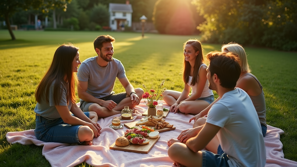 High angle view of outdoor picnic setup with people enjoying together