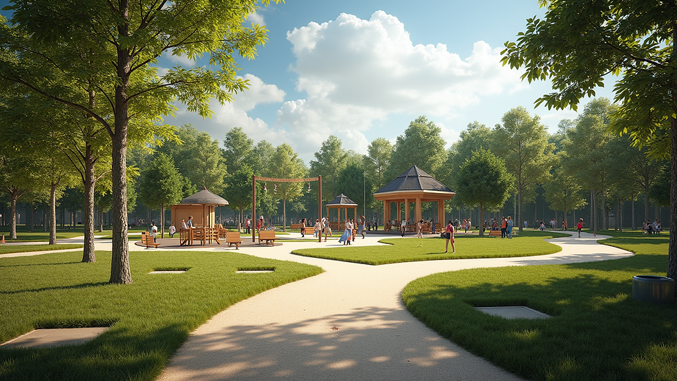 Wide angle view of outdoor adventure park with trees and activity zones