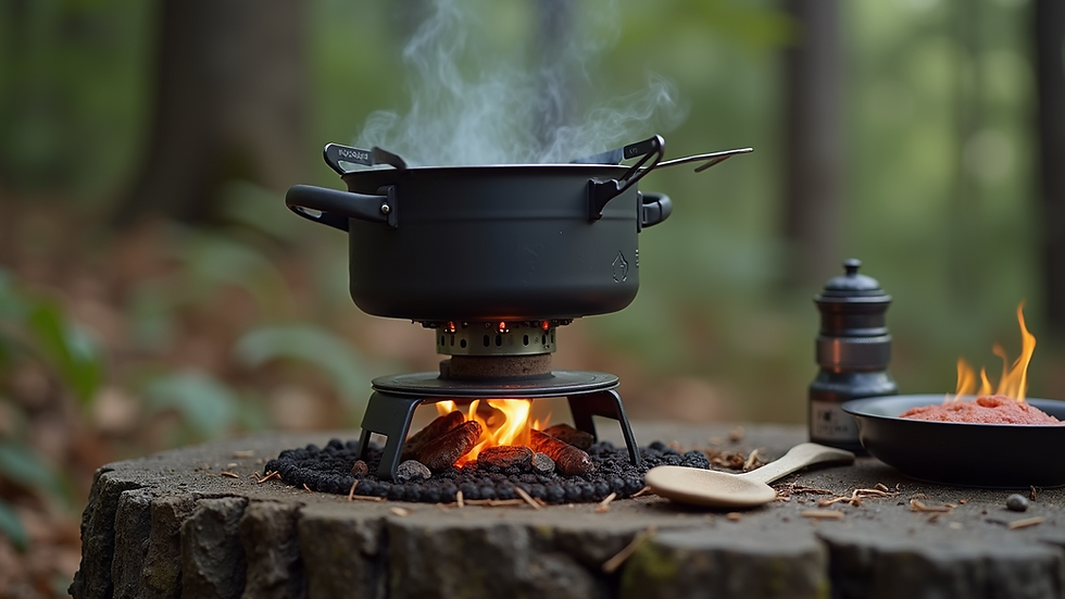 Close-up view of a portable camping stove with cooking utensils