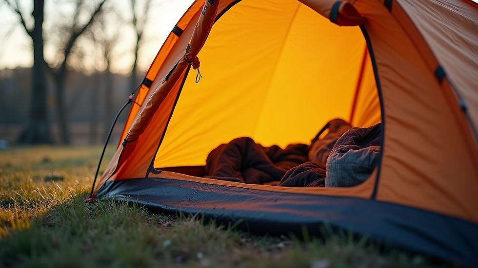 Close-up view of a camping tent with camping gear inside