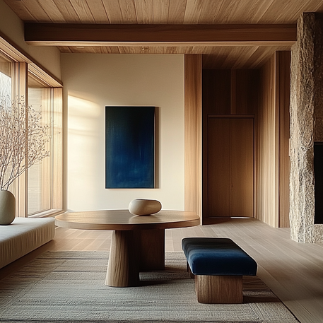 Contemporary dining nook with wood panelling, round oak table, blue velvet bench, and abstract wall art.
