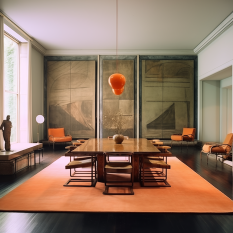 Elegant contemporary dining room with oversized wall panels and artwork, orange pendant light, and sculptural furnishings