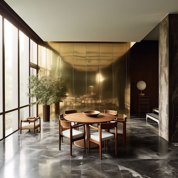 Contemporary dining room with marble flooring, brass reflective wall panels, wood dining table with matching chairs, and floor-to-ceiling windows.