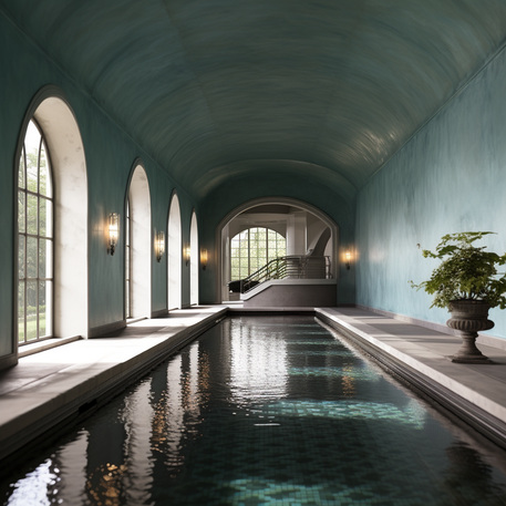 Elegant indoor swimming pool with arched windows, vaulted ceiling, and classical wall sconces in a luxury interior design setting.