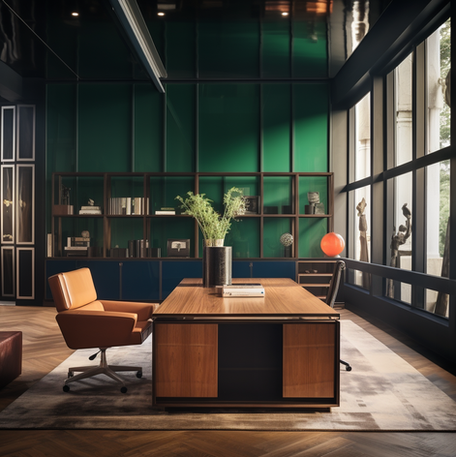 Modern executive office with a green lacquered wall and custom wood cabinetry. The desk in walnut wood is paired with a cognac leather swivel chair, while floor-to-ceiling windows and artistic sculptures create a bold, sophisticated workspace.