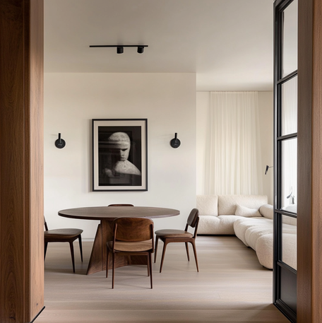 Modern open-plan dining and living area with sculptural wall art, warm wooden accents, and soft neutral upholstery.