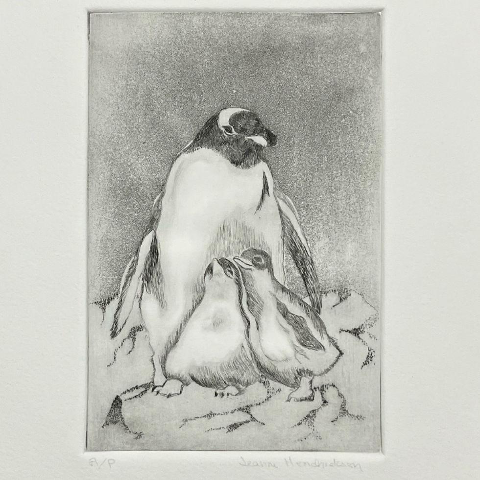 Thumbnail: Jeanne Hendricksen (?-2010):  Penguins, A/P (Signed) (12” x 7.5”)