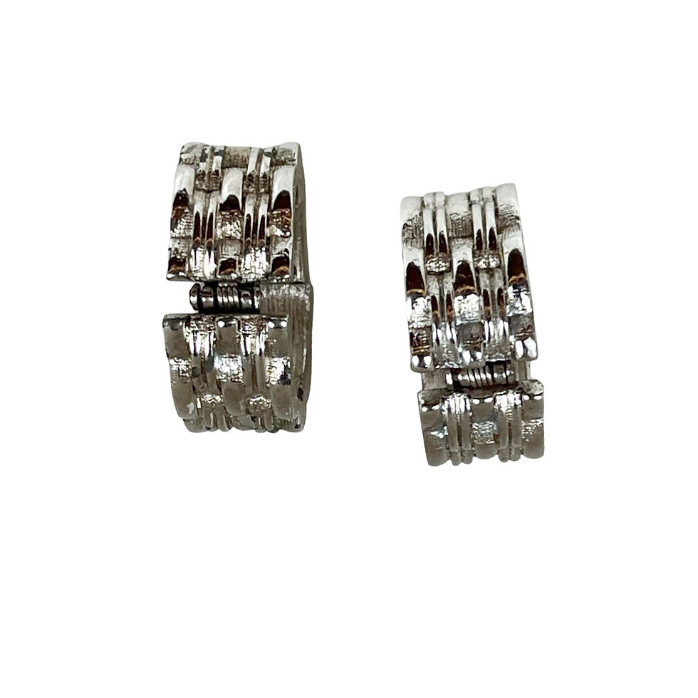 Thumbnail: Vintage Trifari Silver Tone Weave Snap On Clasp Earrings