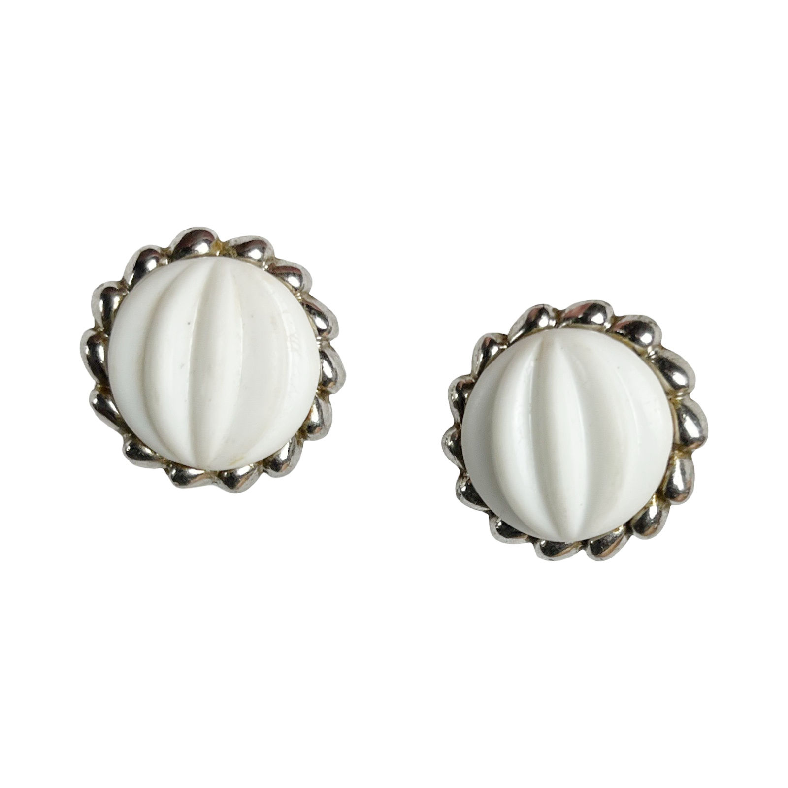 Vintage Marvella Ribbed White Button on Gold Tone Base Clip On Earrings