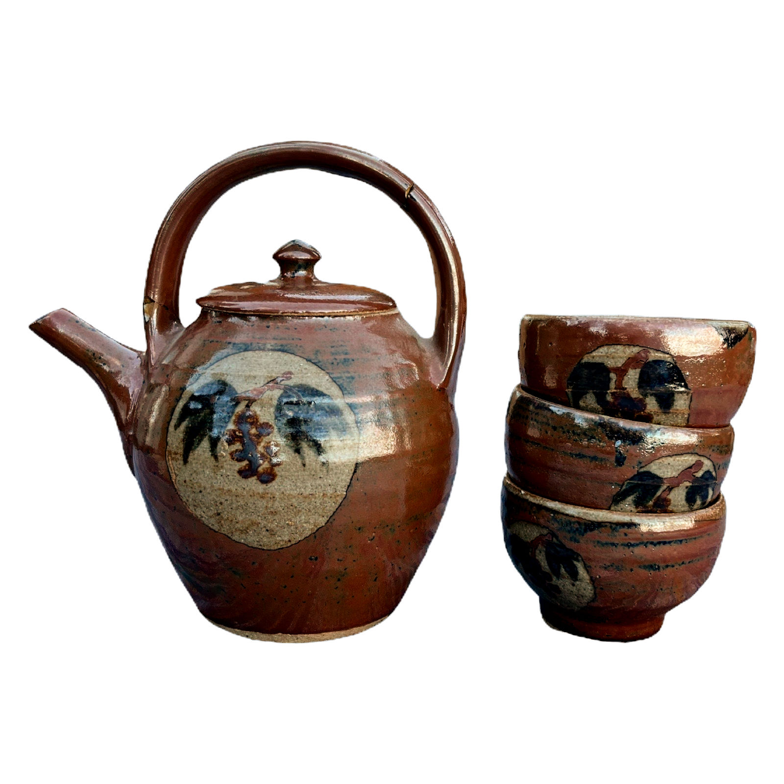 Early 19th Century Japanese Tea Warmer Pot and Cups (Set), 8.5" Tall