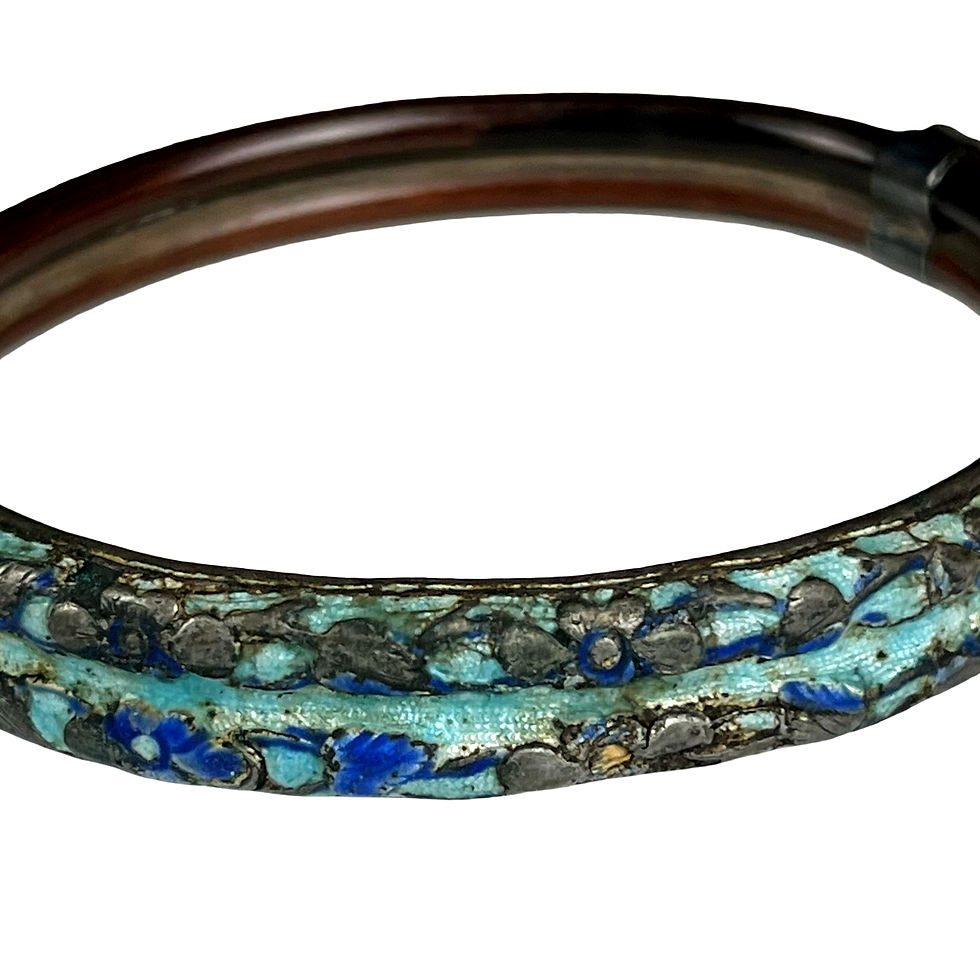 Thumbnail: Antique Chinese Enameled Rattan Silver Plate Floral Theme Bangle, 7.5”