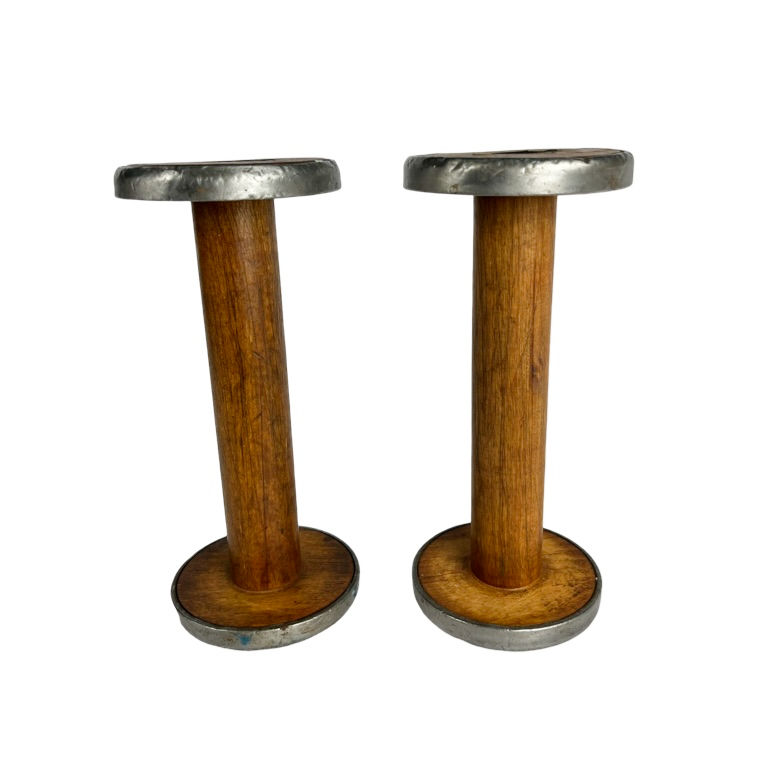 Thumbnail: Wooden Textile Mill Yarn Thread Spools or Bobbins (Set of 2)