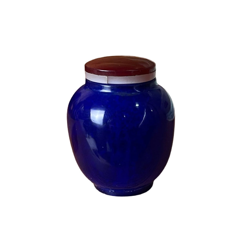 Thumbnail: Cobalt Blue Bulbous Snuff Bottle with Translucent Amber Stopper and Base