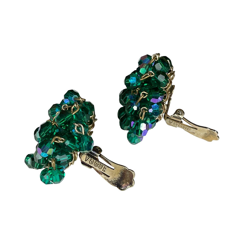 Thumbnail: Vintage Vogue Aurora Borealis Green Glass Cluster Clip On Earrings